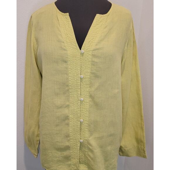 Liz Claiborne 100% Linen Yellow Button-Up Blouse Petite Large - Picture 1 of 7